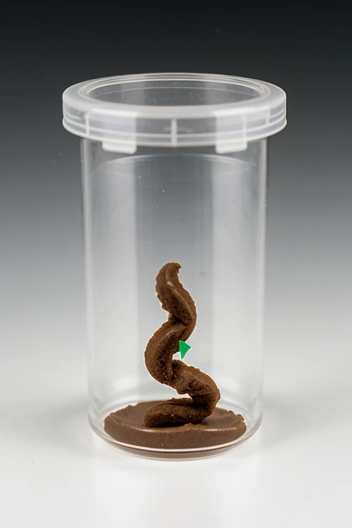 a plastic cylindrical transparent container containing a small sample of poop for a laboratory test