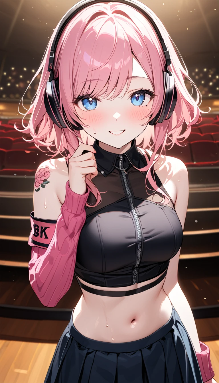 (1 girl),(Best Picture Quality, 8K, Masterpiece:1.3), (high school student:1.5), ((pink lob hair:1.3)), (flipped hair),((swept bangs)), (cute eyes, pupil black, iris skyblue, youthful face), (mole under right eye), (standard weight), (small breasts), (glistening skin:1.3),(pale skin:1.2),(sweaty skin:1.2),(Smile),BREAK arm warmers, armband, bare shoulders, black shirt, black skirt, crop top, midriff, navel, shirt, shoulder tattoo, single arm warmer, skirt, tattoo, headphones, BREAK concert hall, 