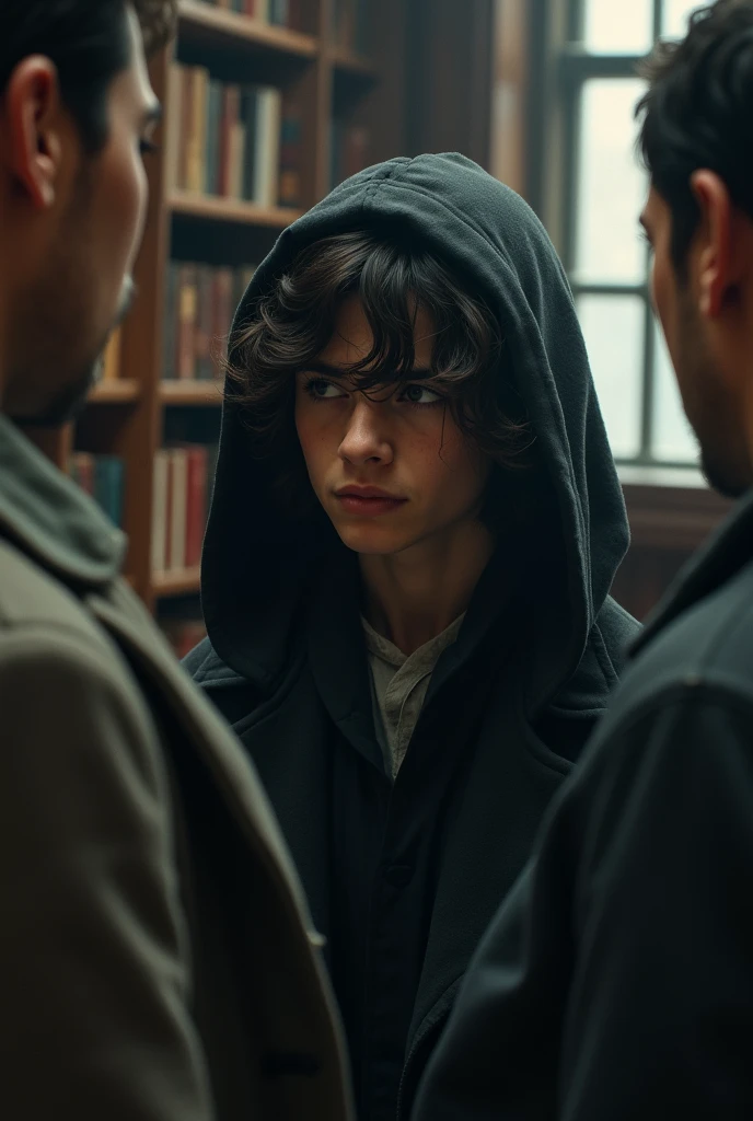 (Cinematic photo:1.3) , (highest quallity、tabletop、8k、best quality image、hyperrealistic realism) male teenager, belo male teenager, wearing a black coat with a hood on his head, detailded, long hair, looking at two men, Grieving, em uma biblioteca Fotografia Digital UHD Altamente detailded texture, realistic texture, digitalpainting, highly detailed shot