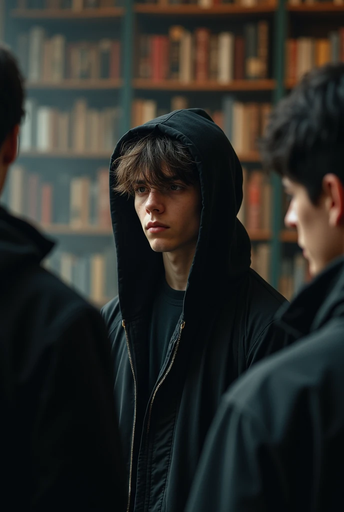 (Cinematic photo:1.3) , (highest quallity、tabletop、8k、best quality image、hyperrealistic realism) male teenager, belo male teenager, wearing a black coat with a hood on his head, detailded, long hair, looking at two men, Grieving, em uma biblioteca Fotografia Digital UHD Altamente detailded texture, realistic texture, digitalpainting, highly detailed shot