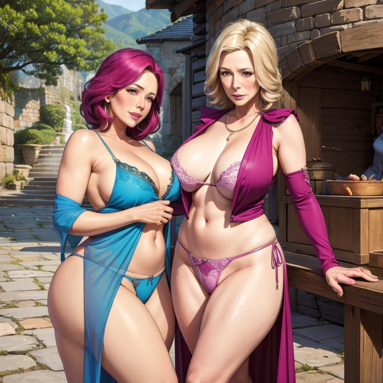 ((thick body mature women age 40 American milf super model)) 2women dressed as wizards selling potions, at castle gate full of vendors, (((panties)))