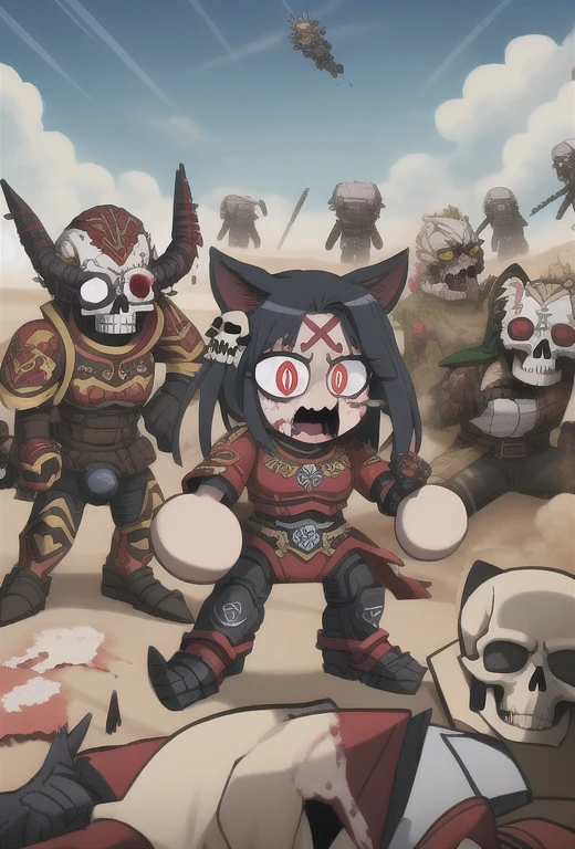 (Best Quality), (4k resolution: 1.2), (Clear focus 1:0), (power armor 1.5), (only 1.2), (Neco-arco), cat ears, (slit pupils 1.5), (red eyes 1.5), young khornate berserker covered in blood, blood on the face, blood on armor, battlefield, skull pile, full shot,