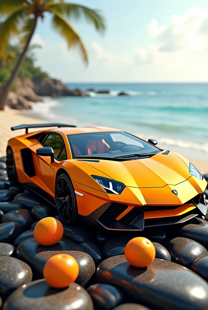 I want an image of a Lamborghini Aventador 12000 sweet mango vape with small mangoes around it and a beach background, with the vape sitting on some shiny, beautiful black stones.