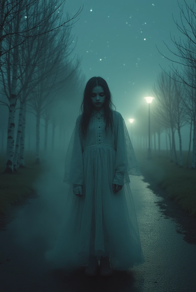 plano general, whole body, (Cute young attractive teenager, Strong gothic makeup emerging from a thick fog, a phantom on the street:1.5) a town on the shores of the lake, a white birch forest and an apple orchard, a starry night, ((Matias_adolsson style!)), gloomy and foggy atmosphere, Surrealism, The absurdity of tenderness, Attraction and rejection of extraordinary appearance, naive magic art, primitivism, protogeno, , ((Best Quality, masterpiece)), ((more detail)), impression:1,1, 8k