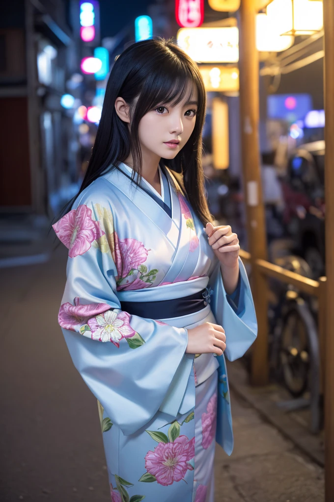 (kimono)、(Highest quality,masterpiece:1.3,Ultra-high resolution,),(Ultra-detailed,Caustics),(Photorealistic:1.4,RAW shooting,)Ultra-Realistic Capture,Very detailed,High resolution 16K for human skin、 The skin texture is natural、、The skin looks healthy、The color is also uniform.、 Use natural light and colour,One Woman,Japanese,,cute,Black-haired,Mid-length hair,(Depth of written boundary、chromatic aberration、、Wide range of lighting、Natural Shading、)、(Outdoor lighting at night:1.3)、(it's snowing:1.2)、(Hair swaying in the wind:1.2)、(Reflective snow:1.2)