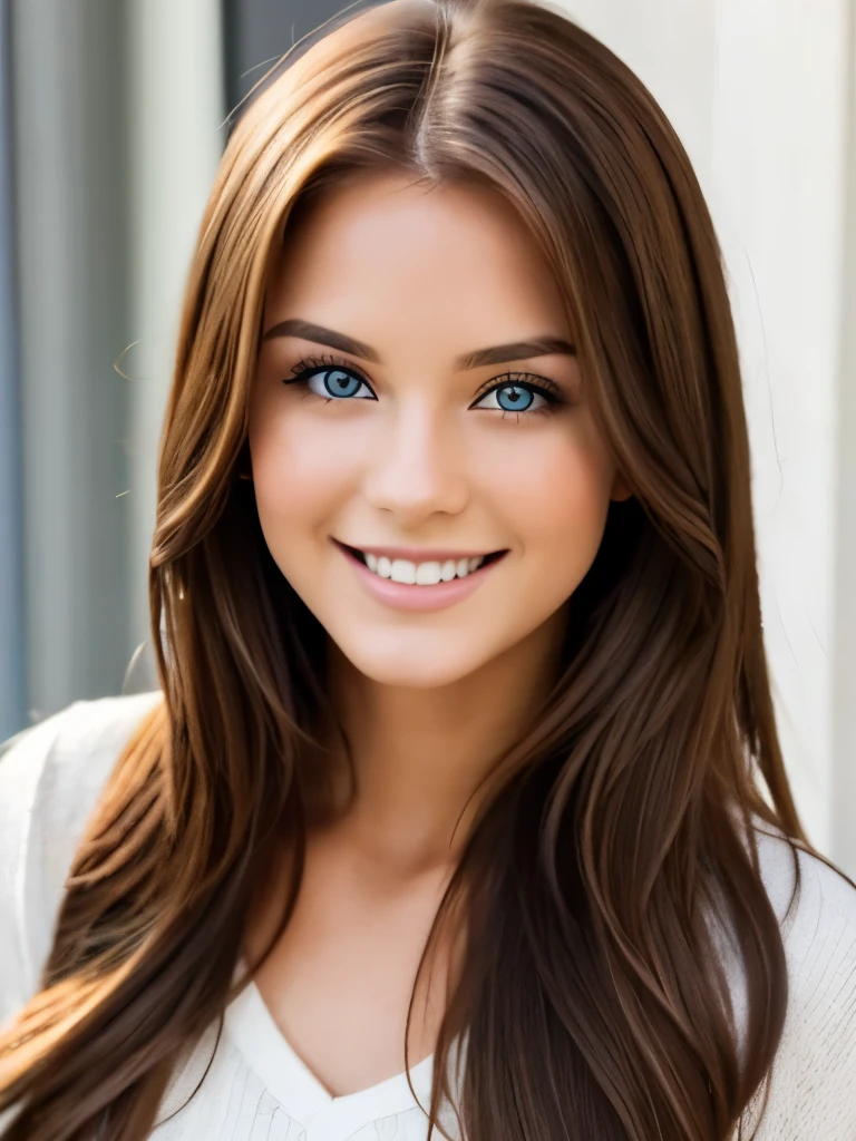 (Better image quality) a beautiful 24-year-old woman with long brown hair and blue eyes ;very attractive smiling.