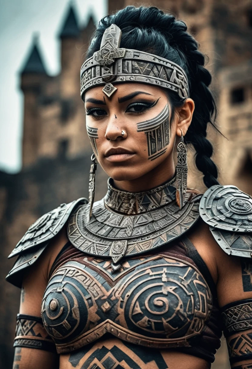 The combination of the woman warrior's determined look, she has Aztec Geometric tattoos all over her face, the detailed armor, the imposing castle in the background, (themes of battle,bravery and medieval fantasy).