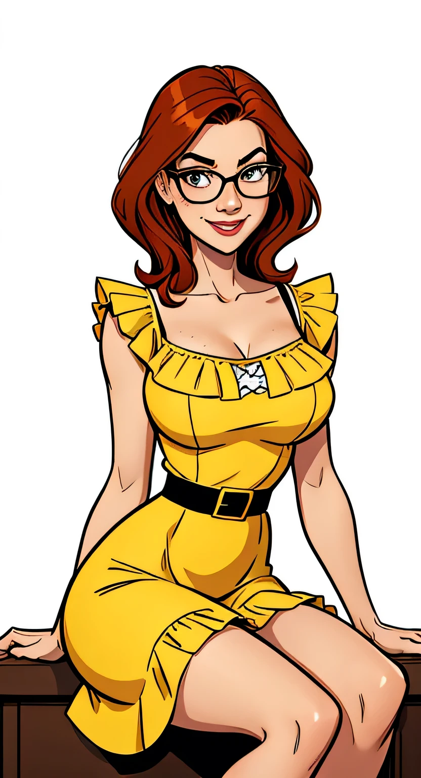 Thin woman, Waist slender, beautiful smiling, 4K (High definition), teacher wearing a yellow dress with a boat neck (with ruffles on the edges), black belt, long white dress, Caucasian skin, round glasses, shoulder length wavy red hair, sitting, eyes browns, busty with freckles. comic style, white background.
