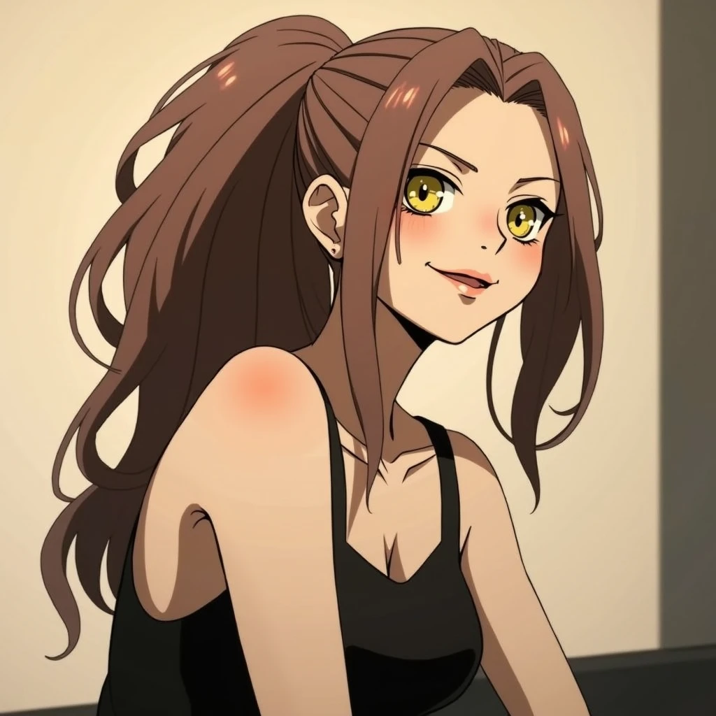 One with snake-like yellow eyes, a pale skin, with long, pastel pink hair. She wears a black school uniform, has a smirk (drawing in bnha style)