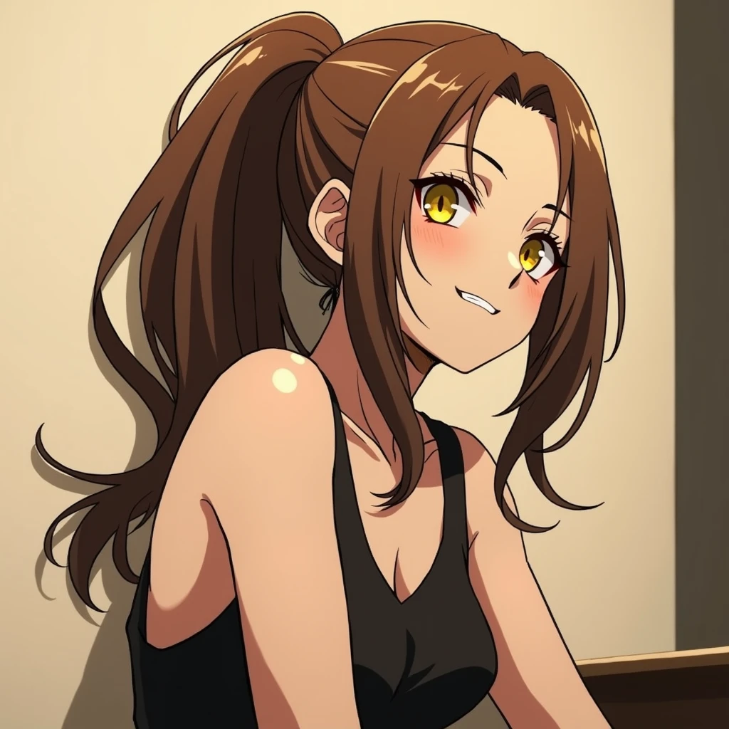 One with snake-like yellow eyes, a pale skin, with long, pastel pink hair. She wears a black school uniform, has a smirk (drawing in bnha style)