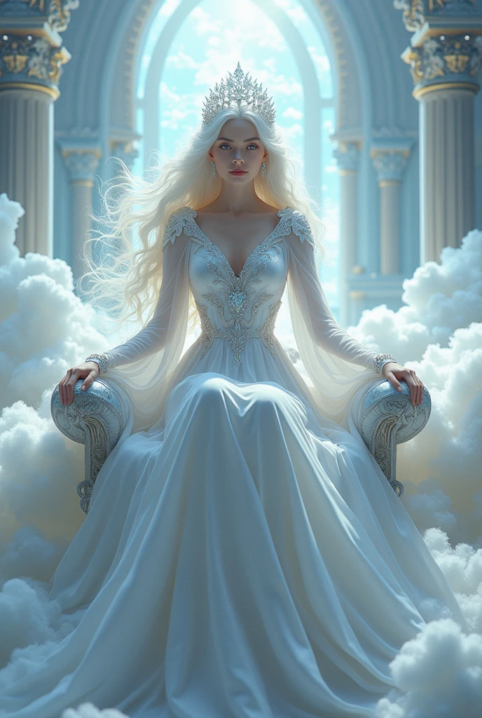 White haired gorgeous girl with an bright silver colored eyes, wearing a white long gown with her diamond crown, sitting on a throne of the sky kingdom.