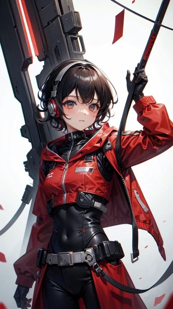 The metropolis of the future.A cute and charming oriental ,Wear headphones,Short curly hair,Wearing a red and white combat uniform,Wearing a combat coat,High-tech pistol,in the ruined city