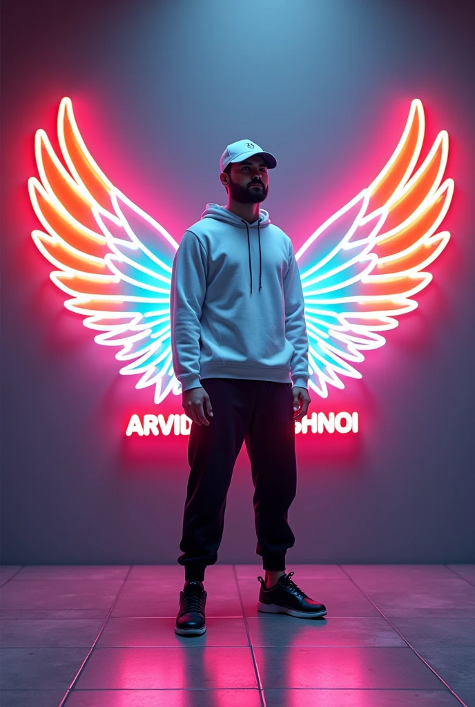 In this striking and futuristic scene, a mysterious individual stands confidently in front of a mesmerizing neon wall. The individual’s casual attire – a white sweater, white cap, black pants, and black shoes – contrasts with the vibrant neon wings in indian flag color, symmetrically placed on either side of the figure. The bold red neon quote “ARVIND BISHNOI” adds an inspiring touch to the composition. The floor, made of tiles, reflects the grayish hue of the wall