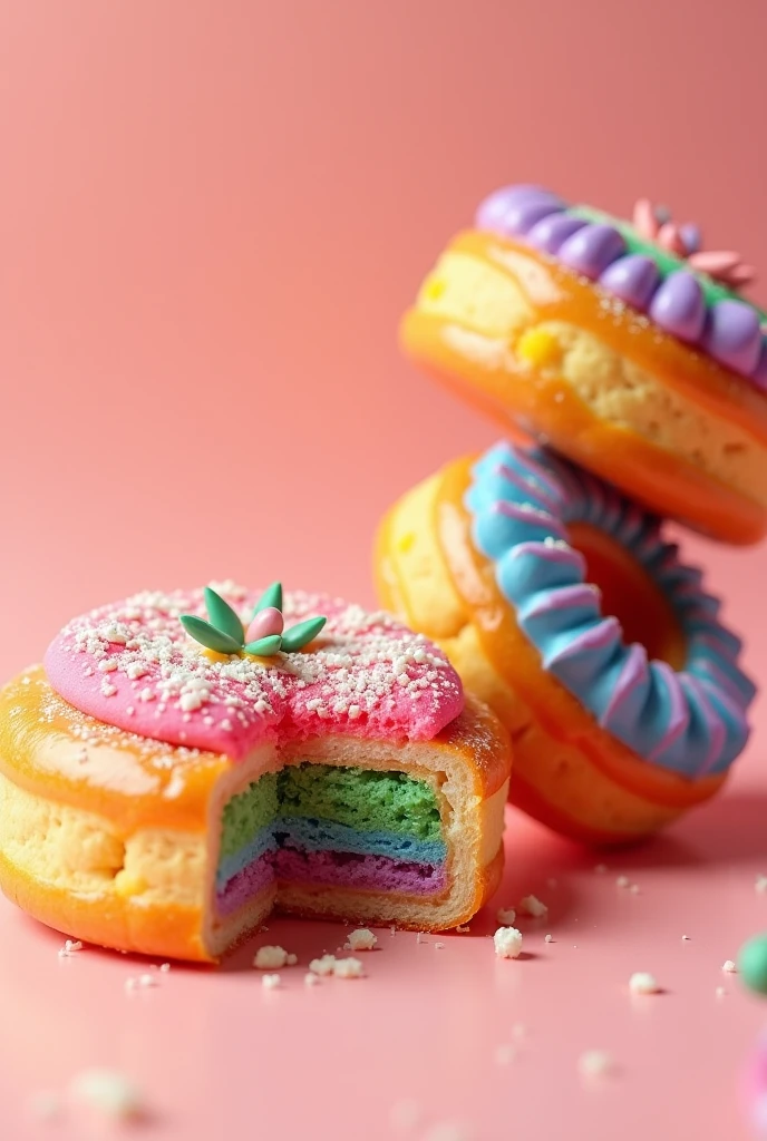3 decorated donitas in 3D, one of them bitten in bright colors