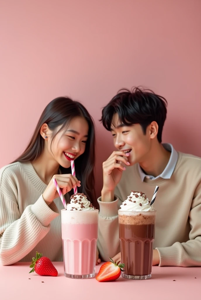 Young Korean couple with a strawberry milkshake and another one with chocolate for an advertising and that reads try our milkshakes (Please add the words I asked for.)