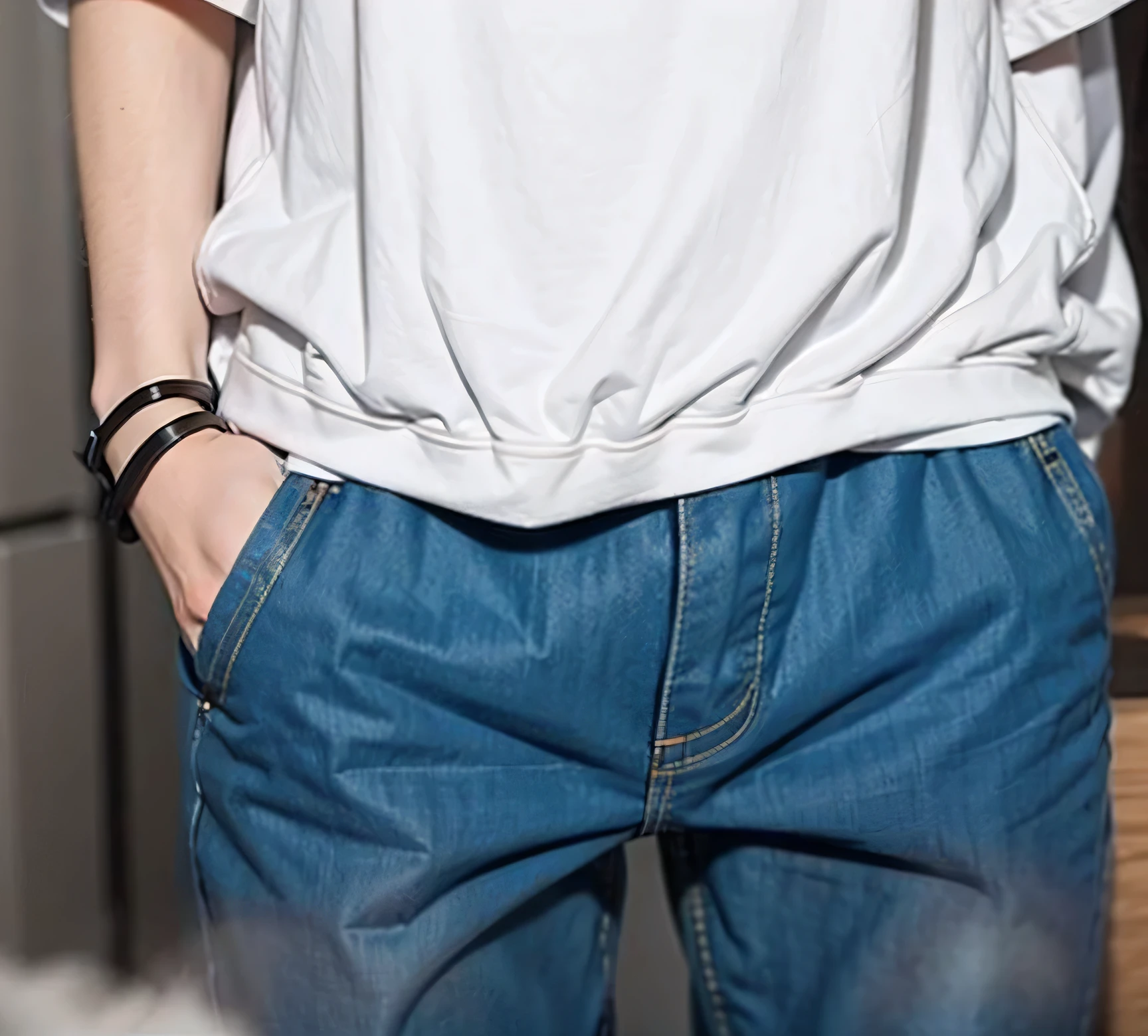 hand on back jeans pocket of taller thicker sister