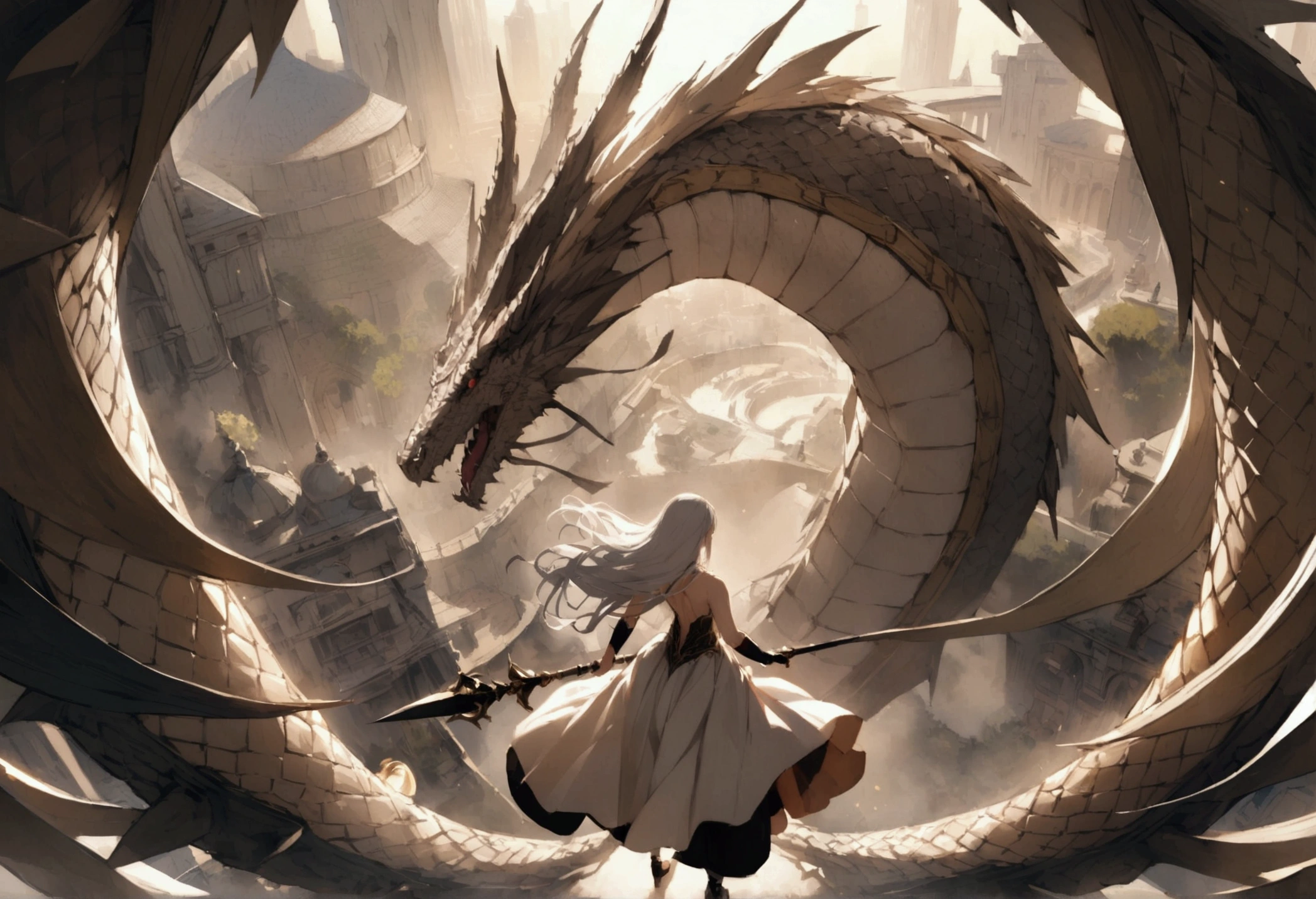 A woman holding a spear. In a battle with a giant dragon, White Hair, Back view, Panoramic view from above, 