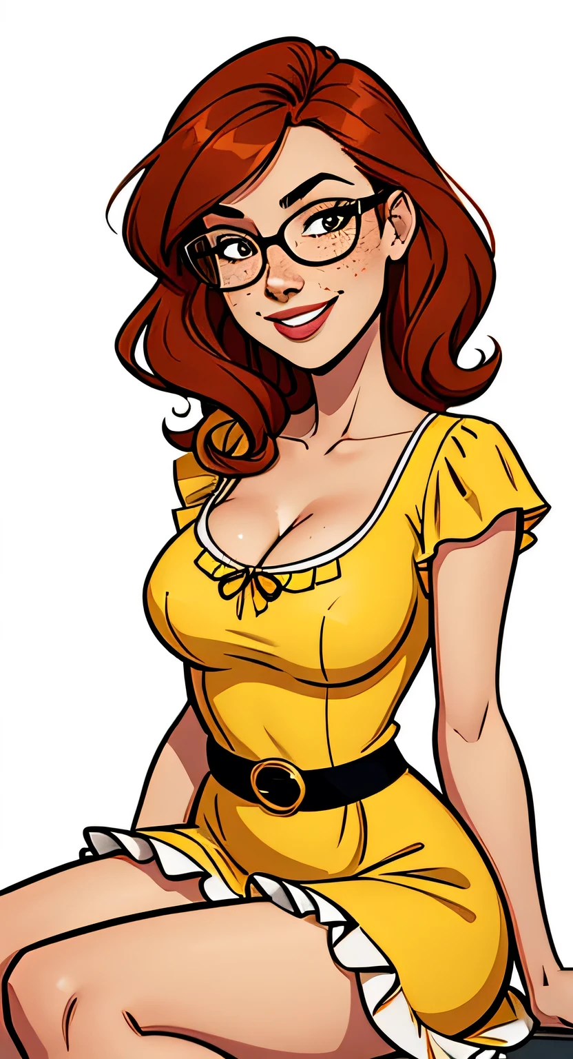 Thin woman, Waist slender, beautiful smiling, 4K (High definition), teacher wearing a yellow dress with a boat neck (with ruffles on the edges), black belt, long white dress, Caucasian skin, round glasses, shoulder length wavy red hair, sitting, eyes browns, busty with freckles. comic style, white background.
