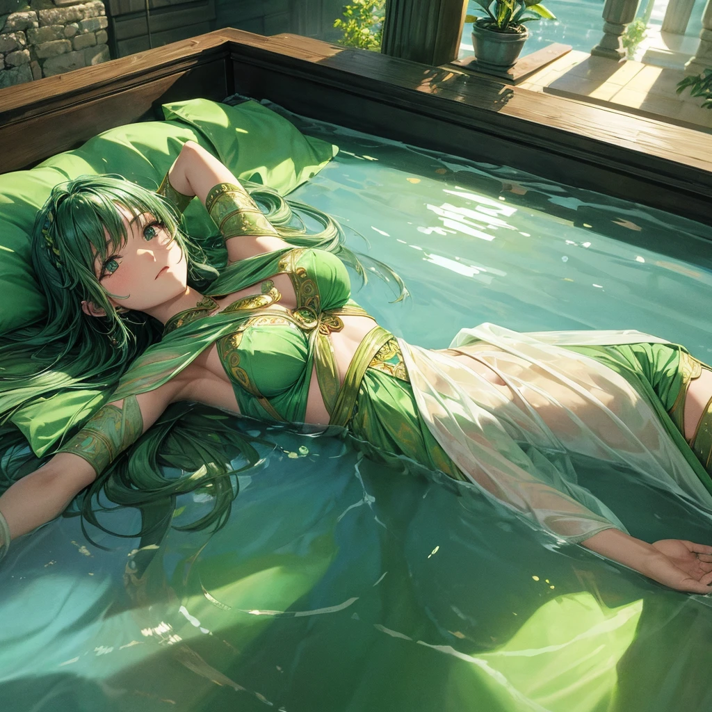 nsfw, ((1girl)), ((masterpiece)), realistic, ((highly detailed:1.3)), princess bathing in a marble tub, ((long brown hair)), wet hair, wearing a sheer bathrobe, nude bathing, ivorygoldai, royal palace bathroom setting, steam, ornate marble tub, (rose petals floating in water:1.3), early morning light, windows, crepuscular lighting, dynamic pose, dynamic angle,