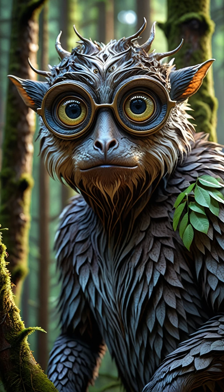 On the branches of the forest，There stood a creature with a human face and four eyes(best quality，4K，8k，High level，masterpiece：1.2），Ultra Detailed，（lifelike，Photo real，Photo real：1.37），Highly detailed animals，Complex patterns，Realistic lighting