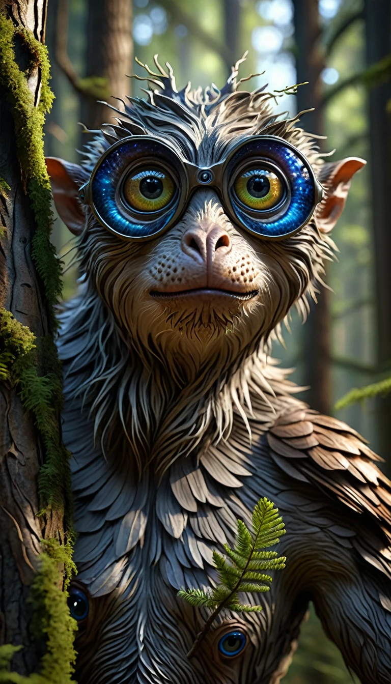 On the branches of the forest,There stood a creature with a human face and four eyes(best quality,4K,8k,High level,masterpiece:1.2),Ultra Detailed,(lifelike,Photo real,Photo real:1.37),Highly detailed animals,Complex patterns,Realistic lighting