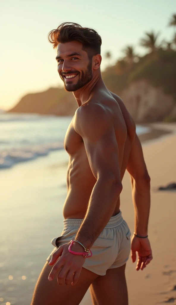 photorealistic, best quality, masterpiece, extremely detailed, sexy, homoerotic, extremely handsome, 20 year old greek man, looking back, smiling, holding out his hand, walking on the beach, extremely romantic atmosphere, perfect face, perfect fingers, perfect hands, perfection