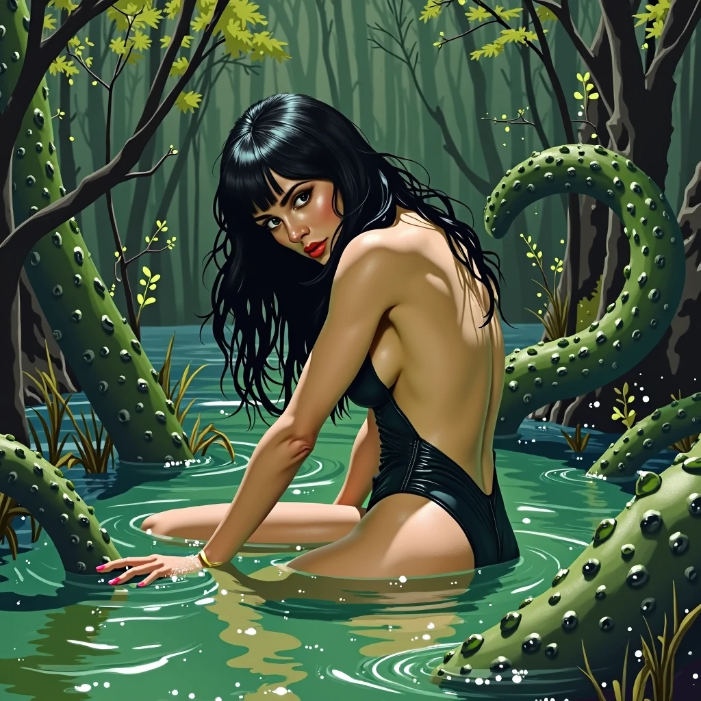 Veronica Lodge in a swamp,Kraken tentacles hold her,disrobing,baptism exposed,birthday suit,bush between legs,1960’s styling 4k,digital art in the style of Frank Frazetta highest quality, colorful,provocative,nipping,caught in the buff,bathing,a lot of skin bare,less green color,bent over,pov from the back,bad girl,streetwalker,engorged