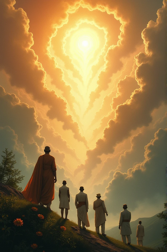 Ghandhi, Nehru, subash chandra boss, sardhar vallabhai pattel and other freedom fighters looking to India from heaven as it is indian independence day.