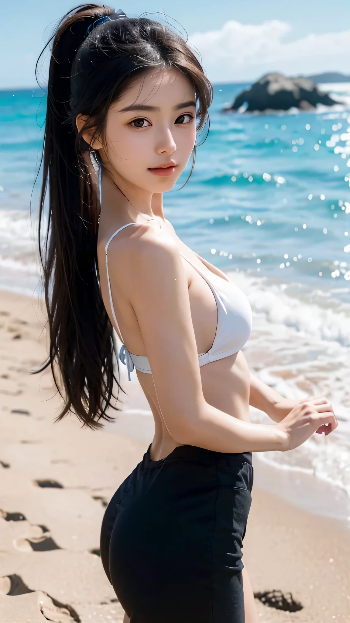 (best quality, masterpiece, ultra high res ,photorealistic:1.3), a supermodel woman ,sexy micro bikini, bracelet , shiny skin ,detailed face, detailed eyes, lustrous lips , skinny physique, focus on the ass, full-length, beautiful figure, super detailed, beach, sky, smile, (gorgeous, vivid colors, summer:1.1)