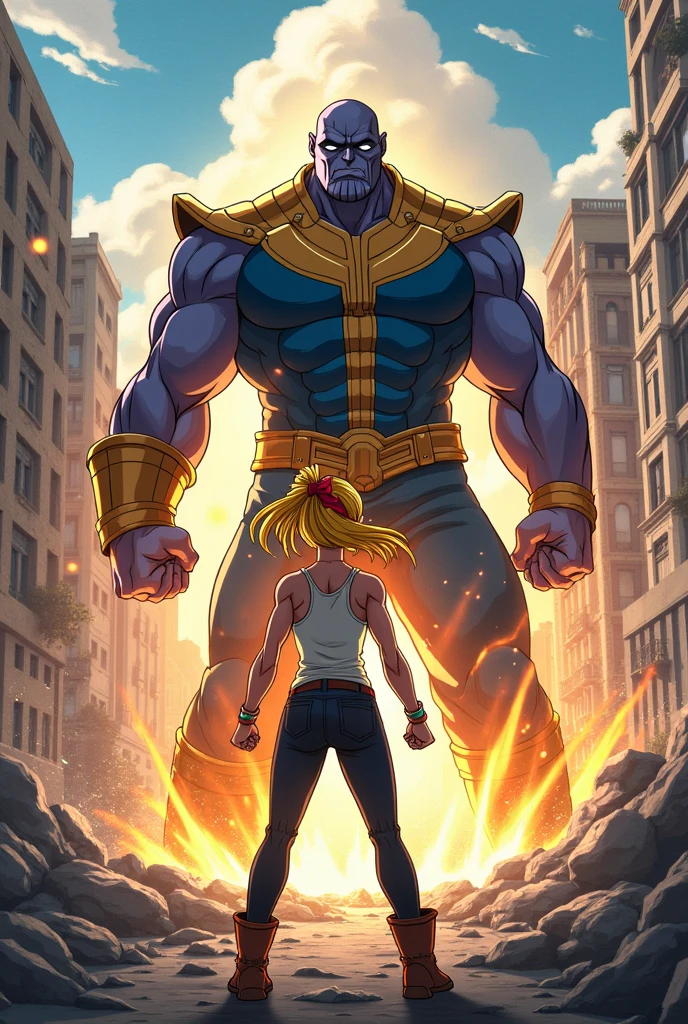 women,long yellow hair tied with a red ribbon,sky blue eyes,white short sleeveless shirt,black pants,Brown boots,beating the crap out of Thanos in the middle of a destroyed city(anime style/dragónball)