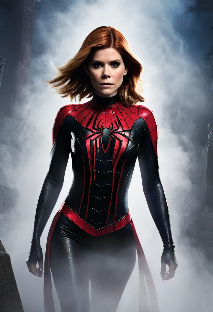 Kate Mara as Marvel's Spider Woman in a ???? outfit (unzipped down the middle), emerging from a mysterious fog, graveyard, sultry partially obscured by a mysterious fog
