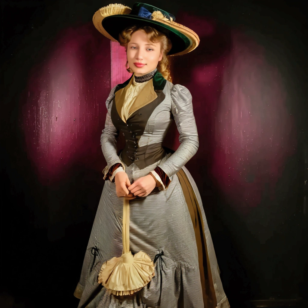 Sexy 12yo Gibson Girl of the Edwardian era. Wearing her (((1900_dr3ss:1.5))). High-collar long sleeve shirtwaist, long skirt, ornate wide-brimmed picture hat, petticoats, silk stockings, boots. (((Full body))). 9-inch Wasp waist, bubble butt sticking out. (((Full body))). Honey blonde hair 