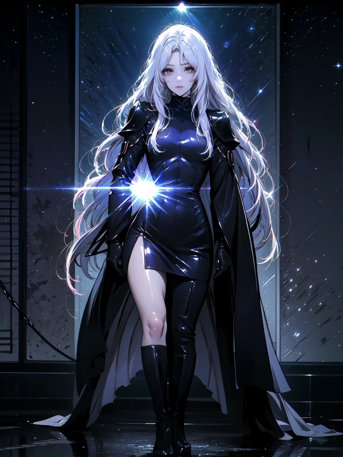 Girl with long white hair down to her waist, with small red details, red eyes, long black dress with a leg slit, with red details, long black boots up to below the knees, white skin, the ground around her is cracking and small stones are floating around her surrounded by a black aura, she is surrounded by shadows, and the background is dark like the night with the universe and stars, her presence causes fear, her shadow appears to be a monster, 8k, high quality, full body, (ultra-realistic), {extremely detailed 8k CG unit wallpaper}, expansive landscape photograph, (light: 2.0), (warm light source: 1.5), complex details, (iridescent colors: 1.5), (bright lighting), (atmospheric lighting), surreal, impressive, fantasy, (Solo: 1.2), White moon