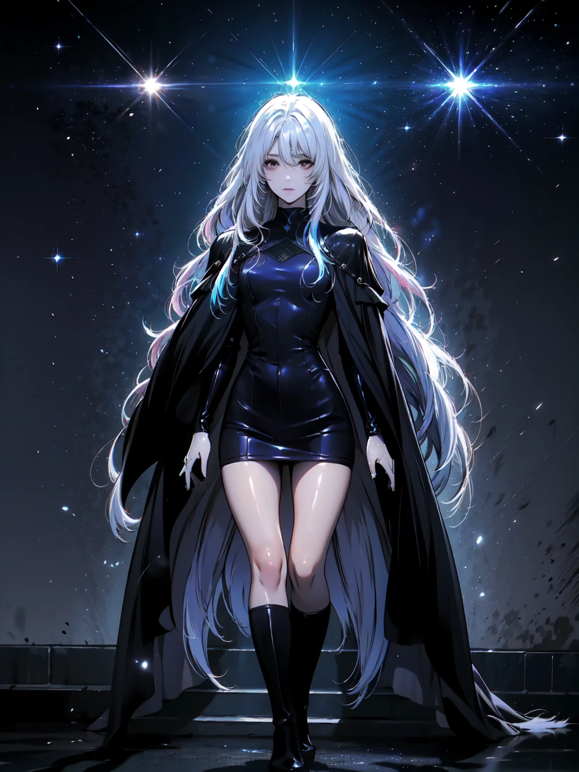 Girl with long white hair down to her waist, with small red details, red eyes, long black dress with a leg slit, with red details, long black boots up to below the knees, white skin, the ground around her is cracking and small stones are floating around her surrounded by a black aura, she is surrounded by shadows, and the background is dark like the night with the universe and stars, her presence causes fear, her shadow appears to be a monster, 8k, high quality, full body, (ultra-realistic), {extremely detailed 8k CG unit wallpaper}, expansive landscape photograph, (light: 2.0), (warm light source: 1.5), complex details, (iridescent colors: 1.5), (bright lighting), (atmospheric lighting), surreal, impressive, fantasy, (Solo: 1.2), White moon