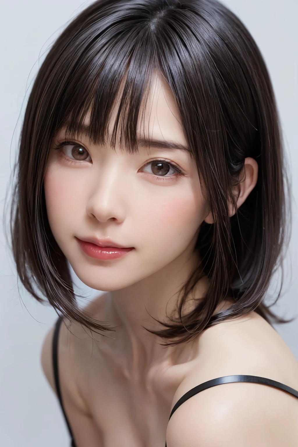 ((masterpiece, Highest quality, High resolution、Realisticですべてが美しく詳細に描かれている)), 1 person, (Realistic: 1.4), alone, White Background, snow-White Background, Mouth closed, smile, smile, Beautiful black hair, short hair, Big eyes, Transparent double eyelids, eyelash, Listen carefully, Long neck, 美しくLong neck, Absolute area, ((Face close-up)), (Draw the whole head, shoulder), 19 years old, Attractive proportions, Glowing Skin, Beautiful clavicle, Golden ratio face, Perfect Face, Teardrop-shaped mole, chestのほくろ, bangs, clean bangs, beautiful bangs, Lip gloss, Thin lips, Fair skin, naked, Big Breasts, {Huge|big|Hugeな|Mega} chest:2, chestの谷間:2,chestの谷間を見せる、Small face, Small face, All the heads are painted, shoulder all drawn, Point slightly above the camera