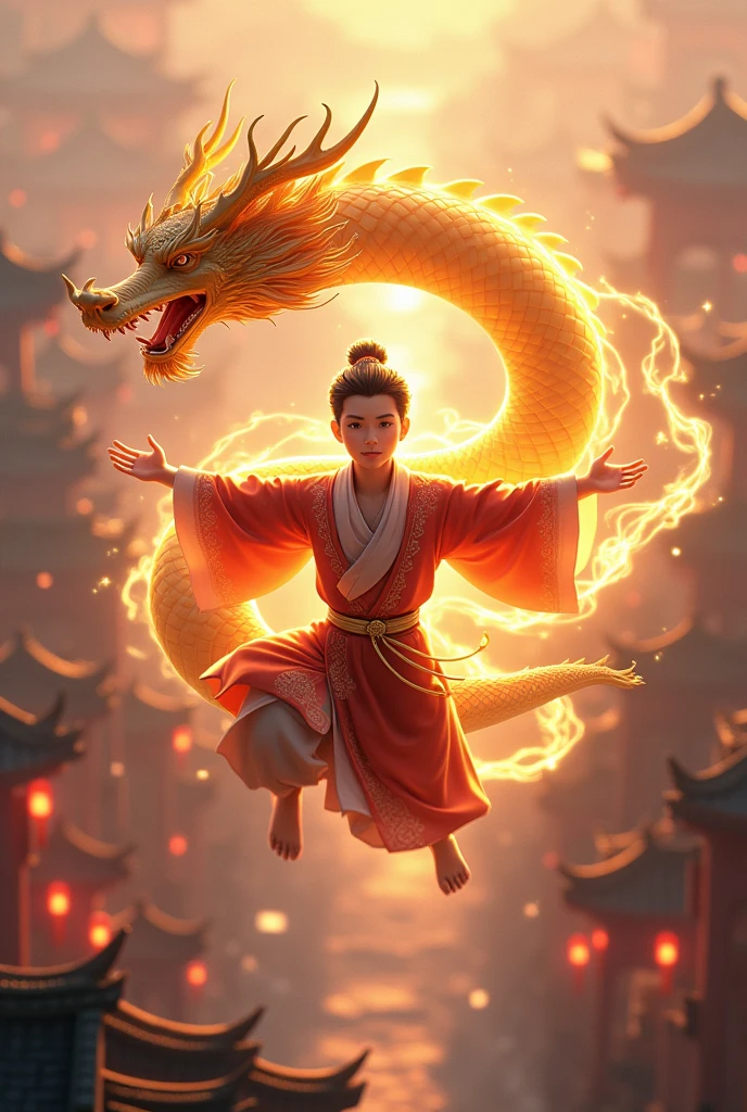 An 18-year-old male 3D animated character in traditional Chinese clothing is flying over a rooftop and using spiritual energy, with a golden dragon behind him.
