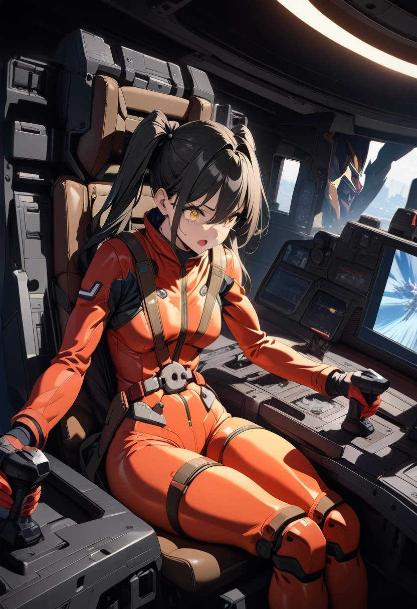 High quality, super detailed,4K,beautiful girl.long hair.Twintails. Yellow eyes.Black hair.Red pilot suit, surprised, Gundam Wing Cockpit,Joystick,Seat belt,Sitting, masterpiece, Highest quality, Super detailed, High resolution,4K,(Very detailed:1.4) (figure:0.5), (Ray Tracing,:0.8),(Anime Color:0.7),(AI-generated:0.5)