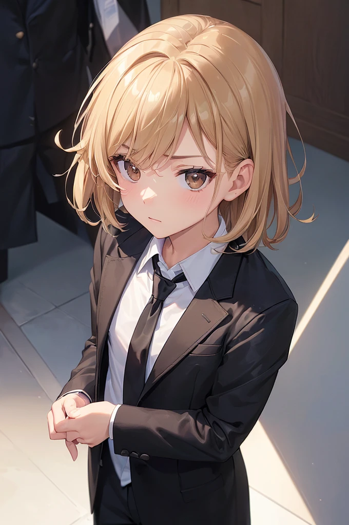 (((masterpiece; best quality: 1.2))), (detailed eyes: 1.3), ((1 male teen)), ((solo)), (brown eyes: 1.4), (body shape; lean, masculine, manly: 1.3), (short blond hair: 1.3), (clear background: 1.2), ((depth of field)), (equipment: male school uniform + black jacket + black necktie + white shirt: 1.3), (anime illustration: 1.2), (background composition; japanese highschool classroom + furniture: 1.1), (handsome: 1.1), (shot composition; standing + centered on face + close-up: 1.5), (facial expression; calm + stoic: 1.2)