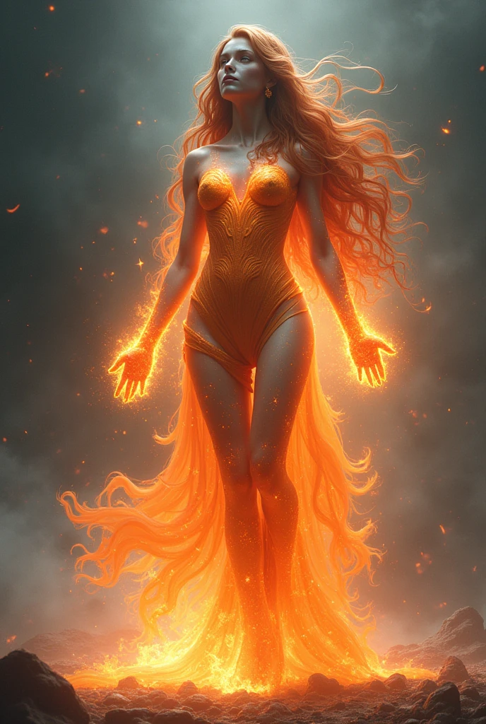 A stunning depiction of a woman engulfed in flames. The flames appear to be emanating from her body, giving her a fiery aura. Her hair is also ablaze, flowing upwards, creating a dynamic contrast against the dark background. The woman's posture is upright, and her facial expression seems serene, almost as if she's embracing her fiery nature.