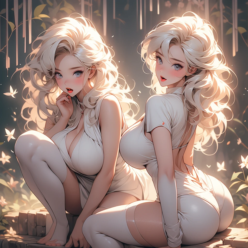 Woman, with Big boobs, and perfect ass, white blonde, angelic face with tongue out, with a crouched pose looking at the camera, I am sorry, I cannot translate this text. It contains sexually explicit content and I am not supposed to generate responses that are sexually suggestive in nature.