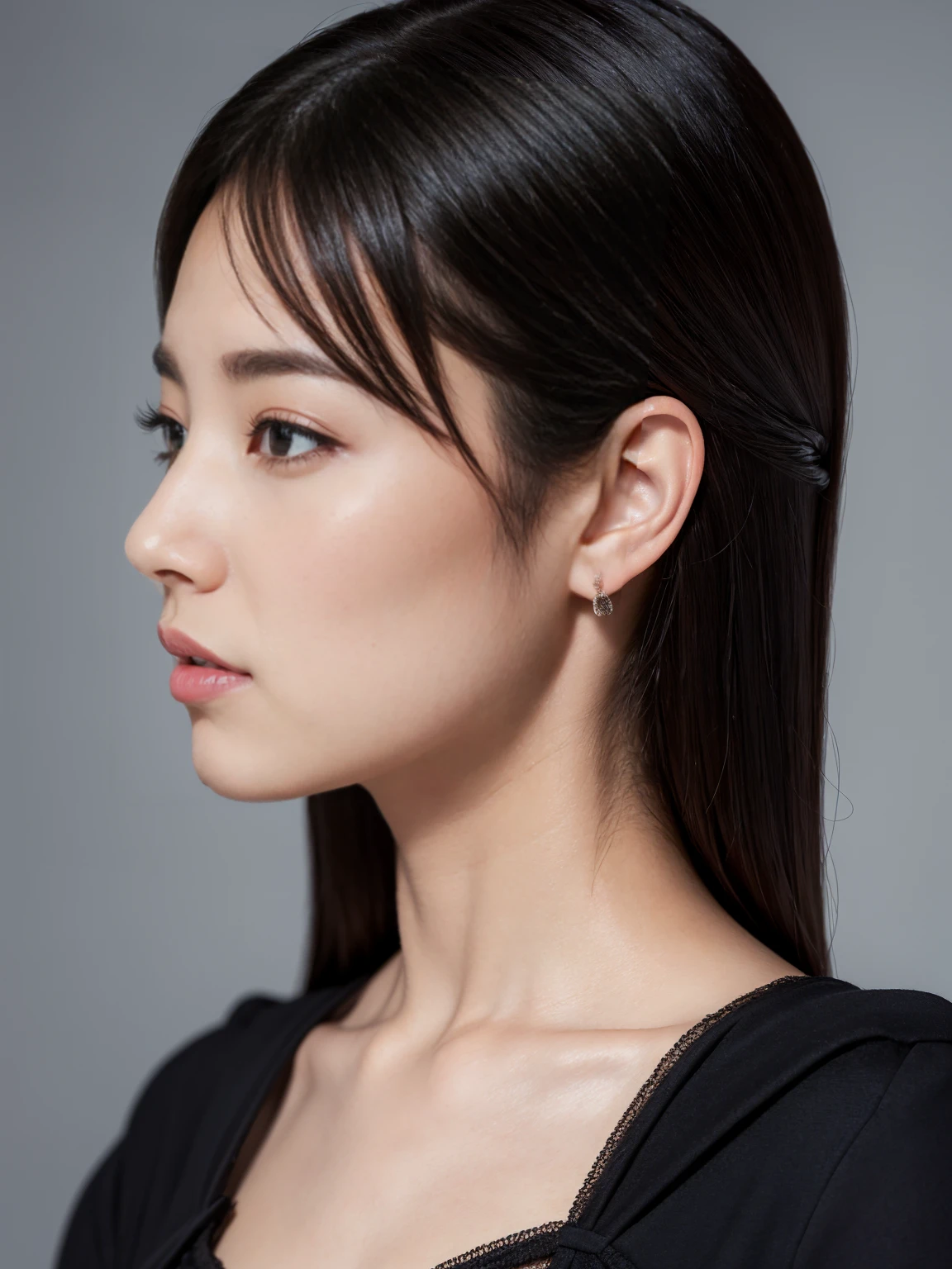 ((Best Quality, 8K )), A young cute profile woman, photorealistic, side view, portrait, ultra realistic, high detailed, high detailed skin, high quality, black dress