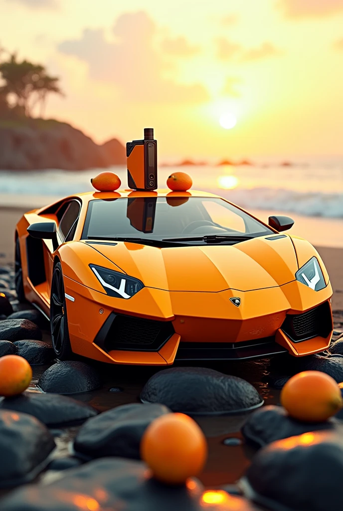 I want an image of a Lamborghini Aventador 12000 sweet mango e-cigarette with small mangoes around it and a beach background, and it should be on top of some beautiful, shiny black rocks.