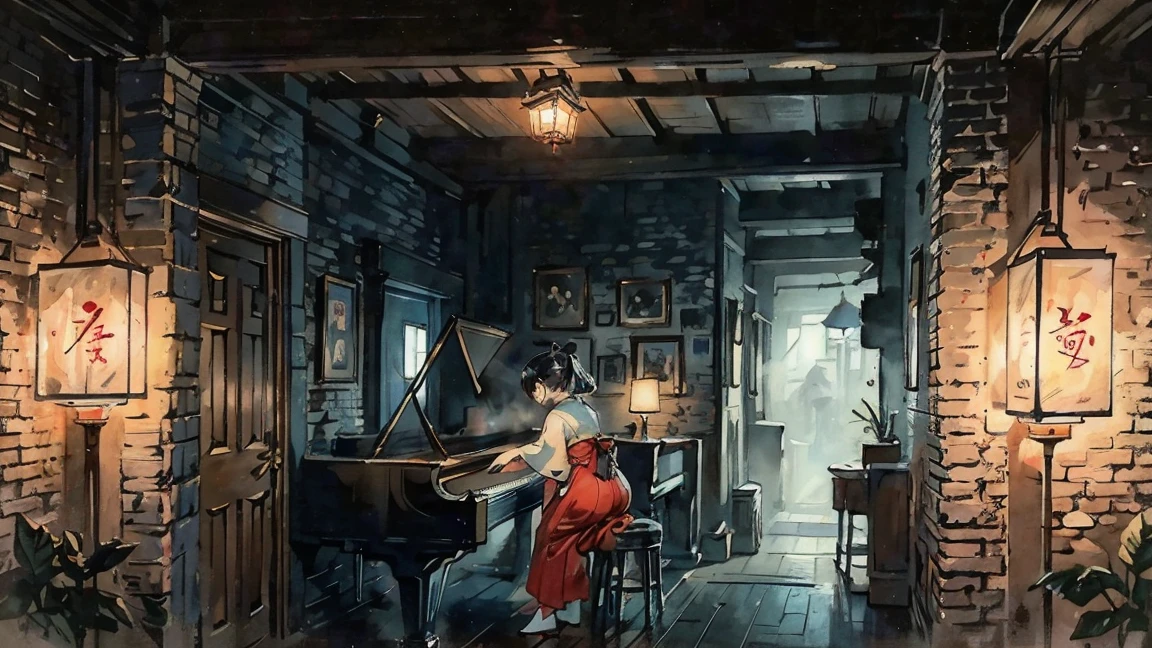 America　Silhouette of a woman in a kimono playing piano in a vintage jazz bar in New Orleans　Some paintings on a brick wall　A blue gas light is attached to the wall.　vintage　A smoky, dimly lit jazz bar　Shadow play　Whiskey bottle