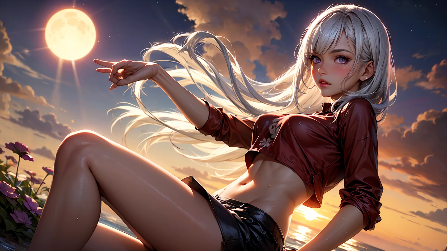 realistic, 1girl, white hair, purple eyes, glowing eyes, crop top, skirt, parted lips, blush, night, flowers, sun, sunlight, camel toe, wet, naked girl,