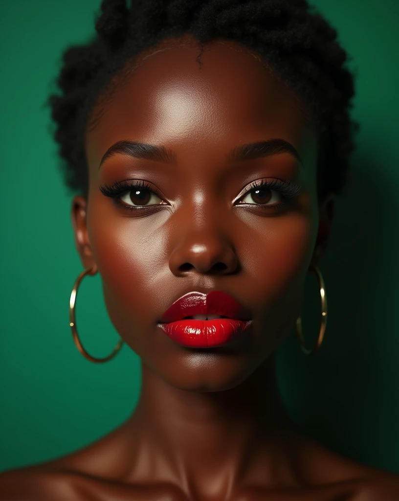hermosos labios rojos, perfectos rostro perfeto de una mujer mulata woman with dark skin and chocolate color eyes looking at viewer, emerald green color, seductive, balanced, perfect beauty, (best quality,4k,8k,highres,masterpiece:1.2),ultra-detailed,(realistic,photorealistic,photo-realistic:1.37),oil painting,cinematic lighting,dramatic contrast,chiaroscuro,warm color palette