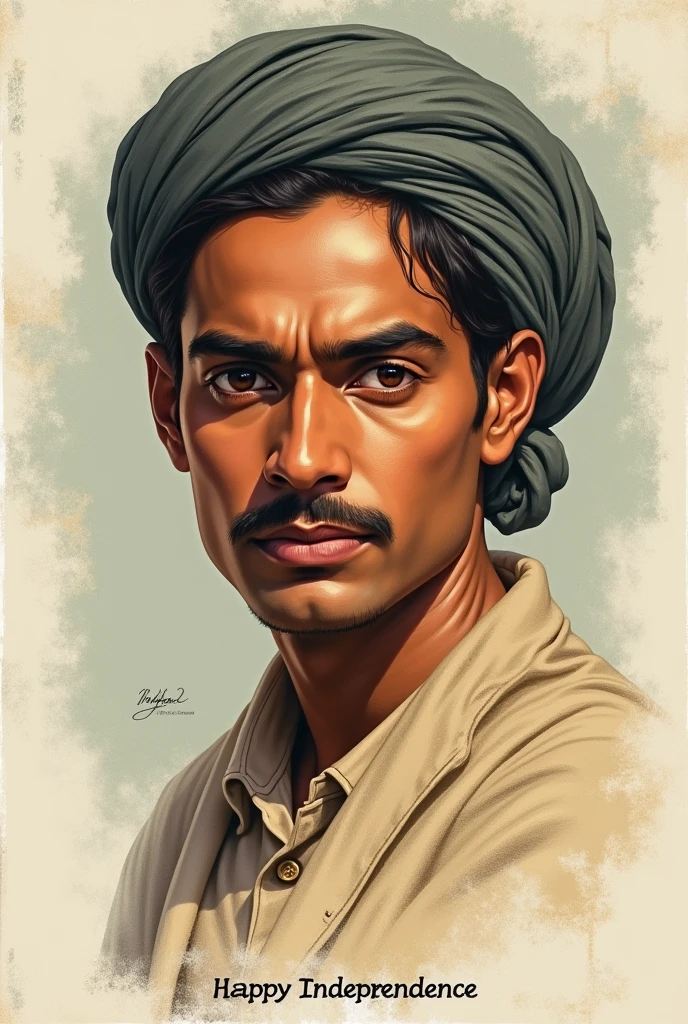 Actual Potrait of Indian Freedom Fighter Bhagat Singh with a slogan 'Happy Independence day' at the bottom of the potrait.