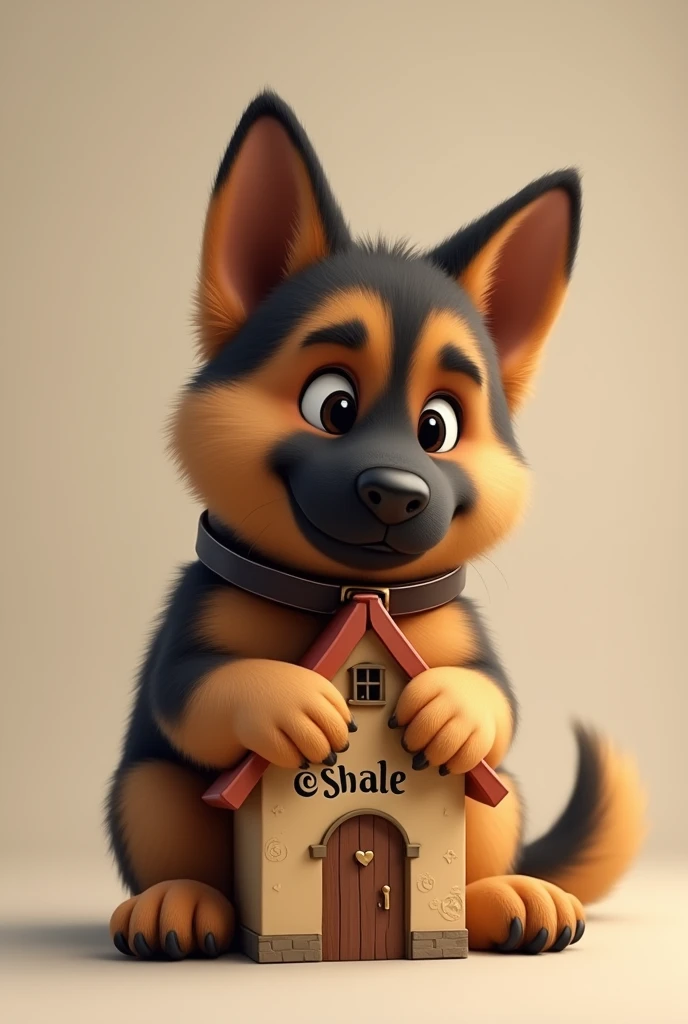 A cute ,little chubby 2 year old German shepherd dog sitting  and holding a mini House with his paws and his head rested on the top of the house , with a lot of love and care and as though trying to protect it , with a collar on his neck with his name "shade" written on the collar and"cottage" written on the mini house