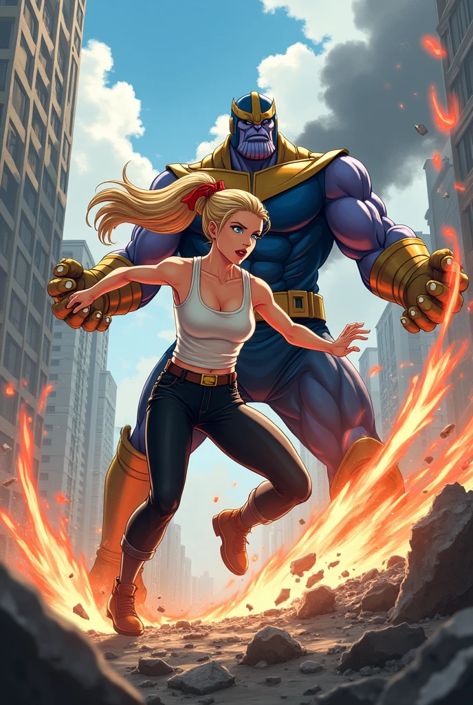 women,long yellow hair tied with a red ribbon,sky blue eyes,white short sleeveless shirt,black pants,Brown boots,beating the crap out of Thanos in the middle of a destroyed city(anime style/dragónball)