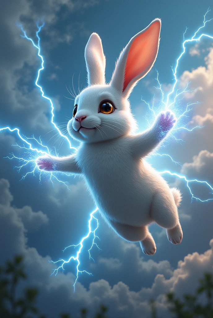 Rabbit with lightning powers flying and having coat