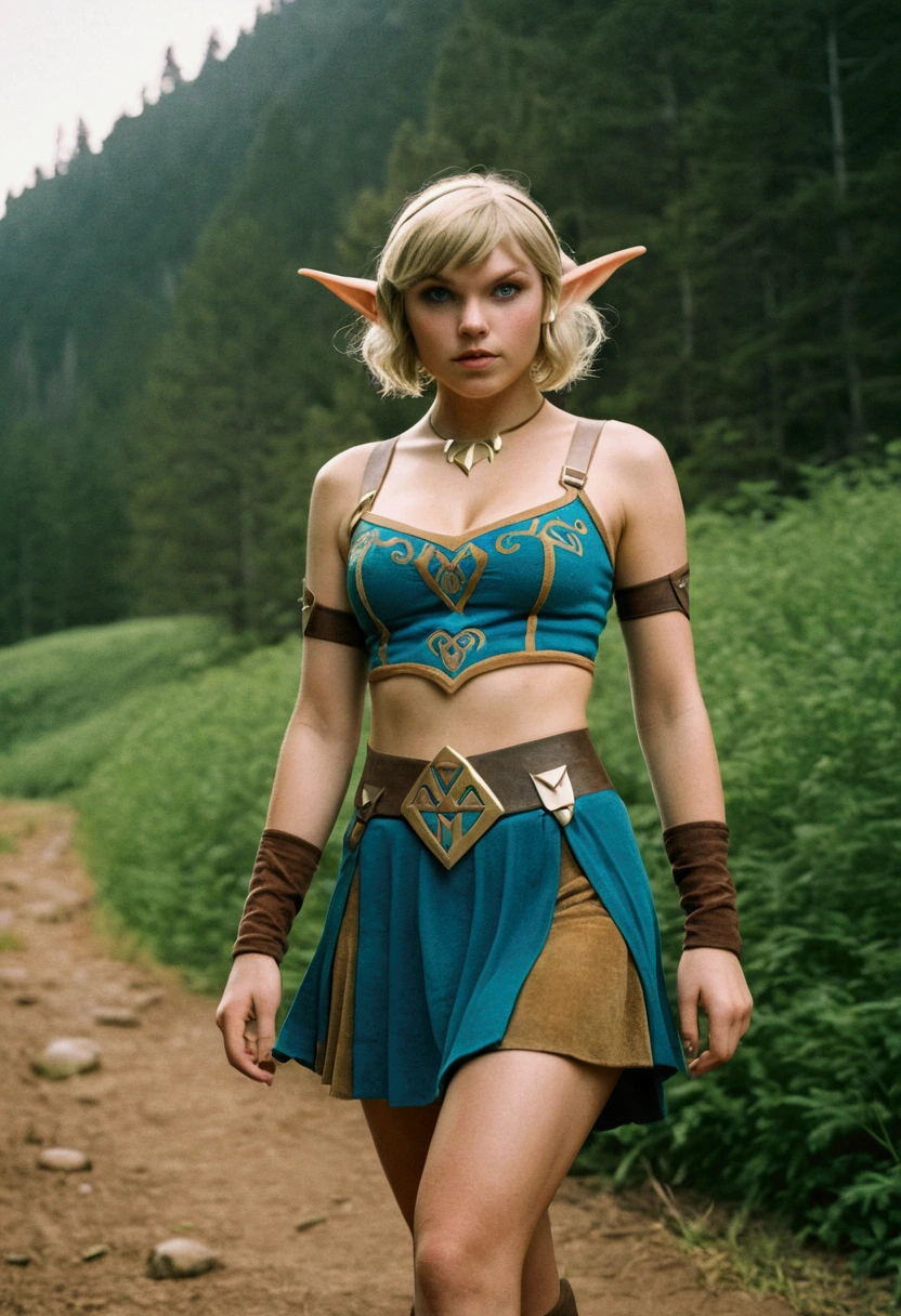 analog film photo, photo of a Hylian girl, elf ears, azure eyes, messy blonde bob cut, tan complexion, tall stature, voluptuous hourglass figure, full hips, plump round buttocks, wearing a bralette and a battle skirt, strolling through Hyrule's wilderness, resembles Taylorr Swift, RAW Photograph, dslr, soft lighting, high quality, film grain, Fujifilm XT3, detailed skin with visible pores, insane details, masterpiece, 8k, 35mm photograph, dslr, kodachrome, faded film, desaturated, grainy, vintage, Lomography, stained, highly detailed, found footage, close-up shot, elven ears